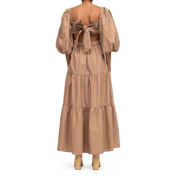 Sea Puff Sleeve Open Back Smocked Cotton Maxi Midi Dress - Picture 6 of 7